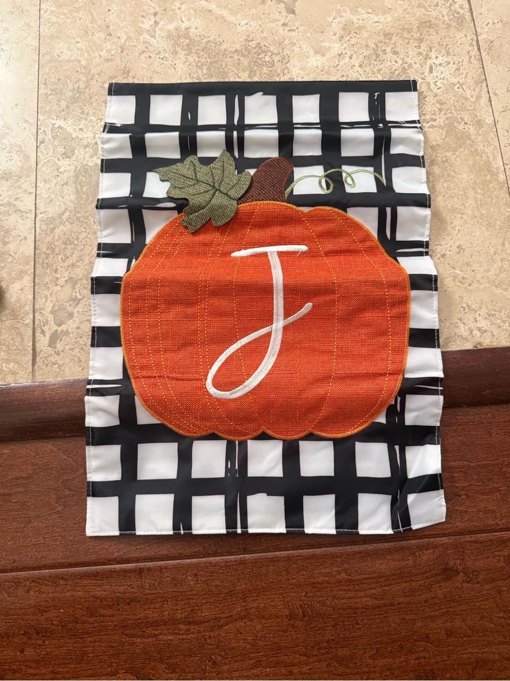 Fall Pumpkin Monogram Flag - Orange Pumpkin on Black & White Grid Letter J
